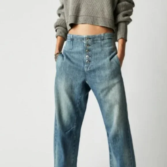 Free People - Osaka Mid Rise Barrel Jeans - Spring Garden & Blue - Size 25 - Picture 1 of 6